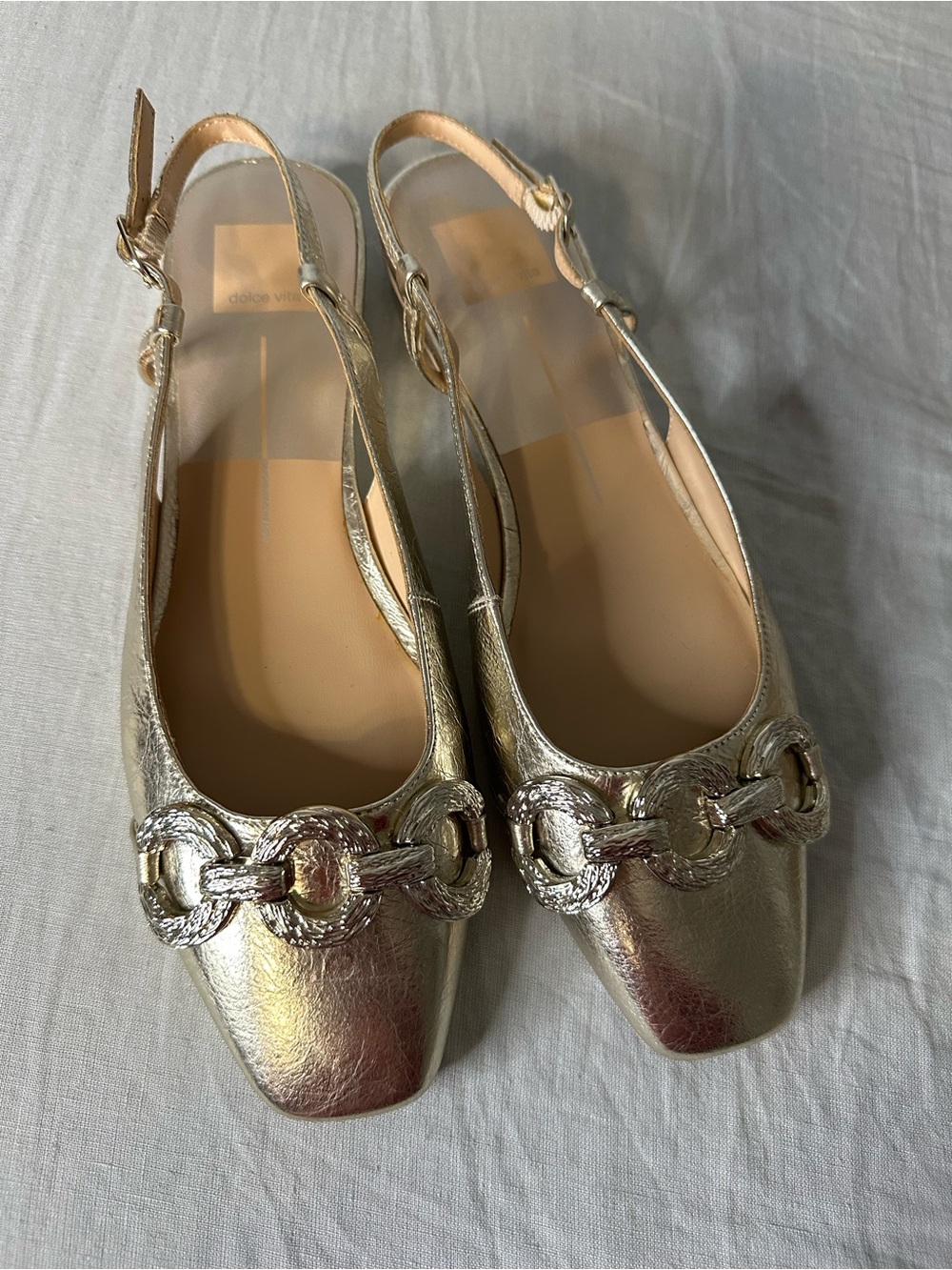 *New* Dolce Vita Platinum Distressed Leather Slingback Buckle Flats Size 8.5